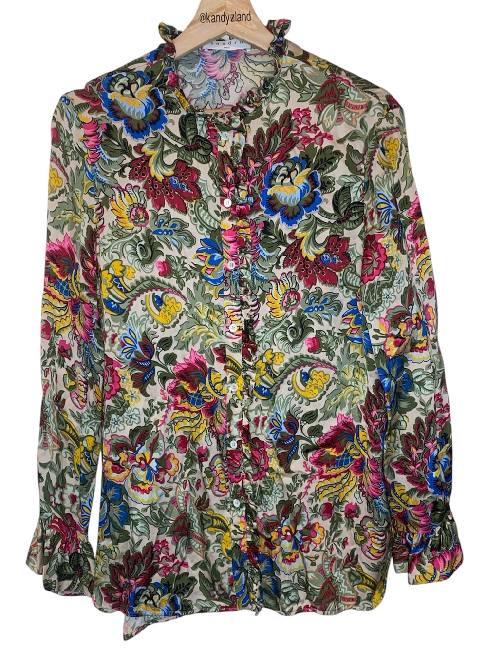 SANDRO Floral Paisley Multicolor Ruffle Trim Blouse Size M/L
